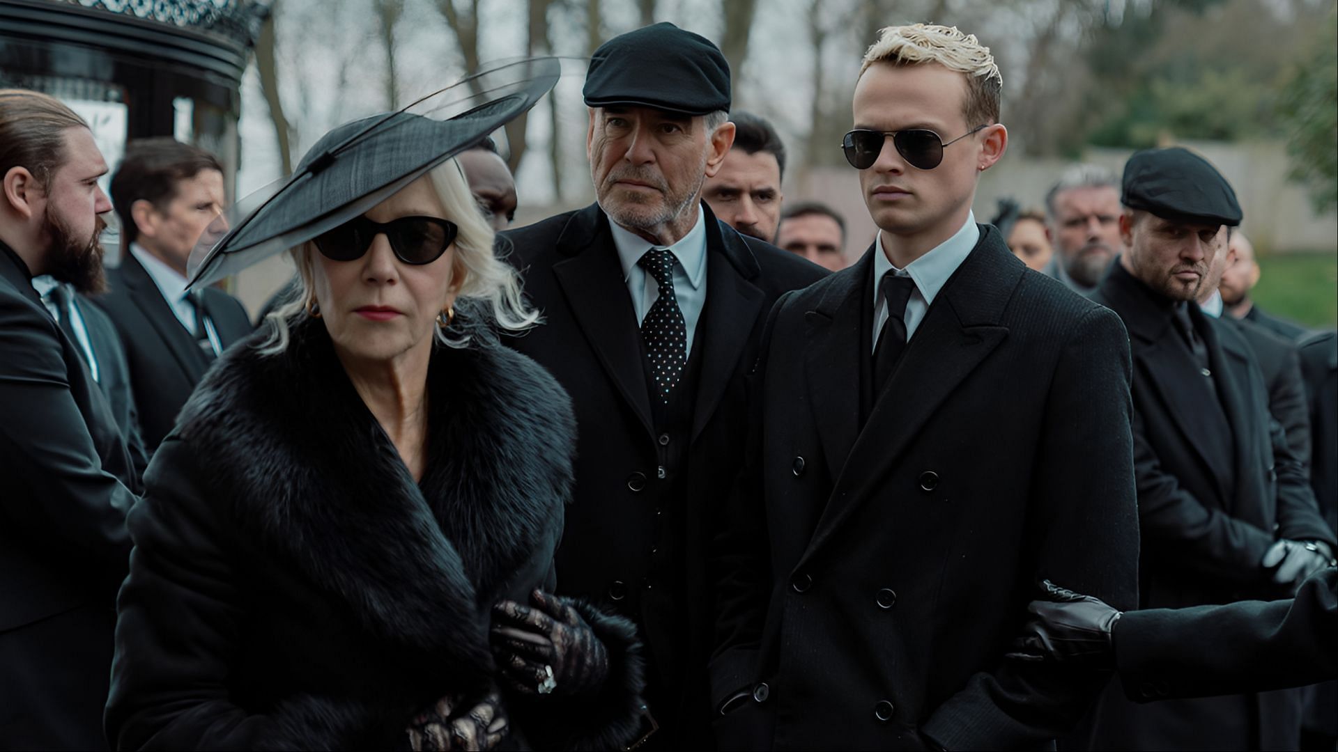 At Tommy’s funeral, the family gathers in silence, with Maeve, Conrad, and Eddie cloaked in grief and hidden agendas (Image via Paramount+)